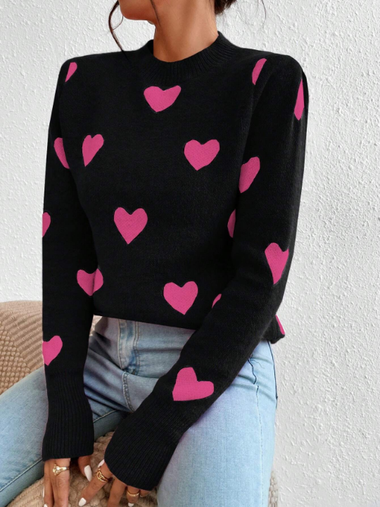 Essnce Heart Pattern Long Sleeve Sweater