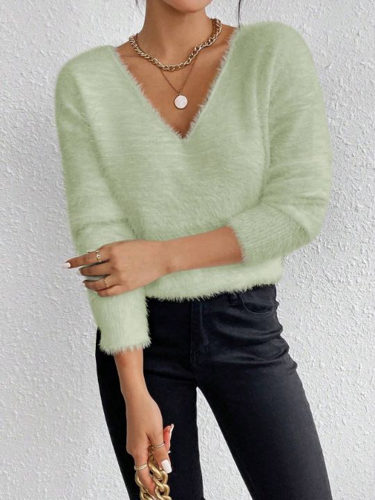 Essnce Women's Solid Color V-Neck Sweater Pullover