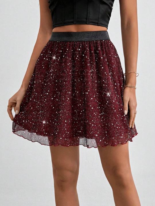 Frenchy Contrasting Color Waist & Flare Hem A-Line Skirt