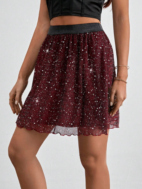 Frenchy Contrasting Color Waist & Flare Hem A-Line Skirt