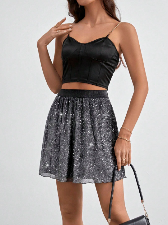 Frenchy Two Color Contrast High-Waisted Flared Skirt