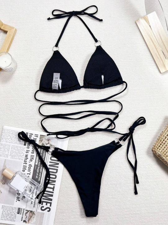 Swim Basics Lace Up Tie Side Halter Bikini Swimsuit