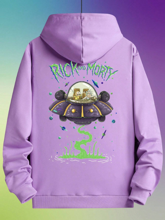 Rick and Morty | ROMWE Men Cartoon & Letter Graphic Kangaroo Pocket Drawstring Hoodie