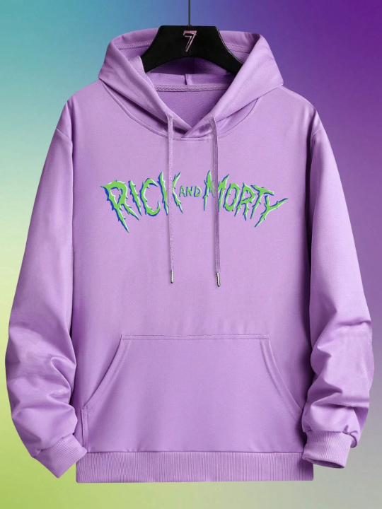 Rick and Morty | ROMWE Men Cartoon & Letter Graphic Kangaroo Pocket Drawstring Hoodie
