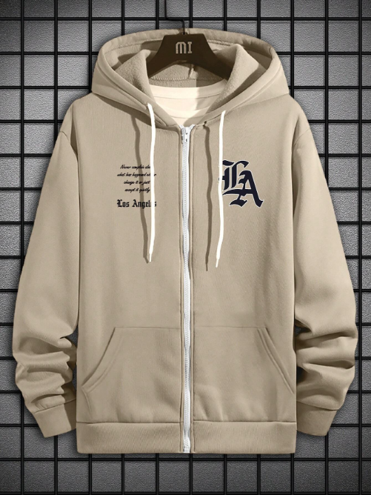 Manfinity EMRG Men's Loose Fit Letter Printed Zipper Hoodie With Kangaroo Pocket