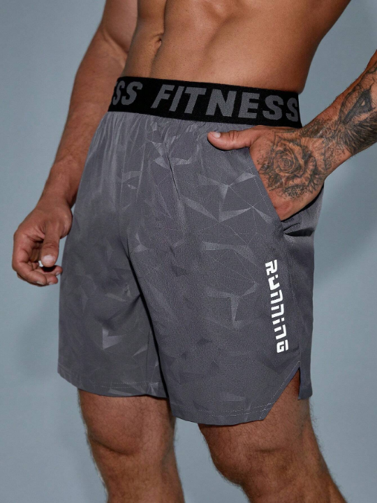 Fitness Men's Letter Printed Drawstring Workout Shorts With Slanted Pockets