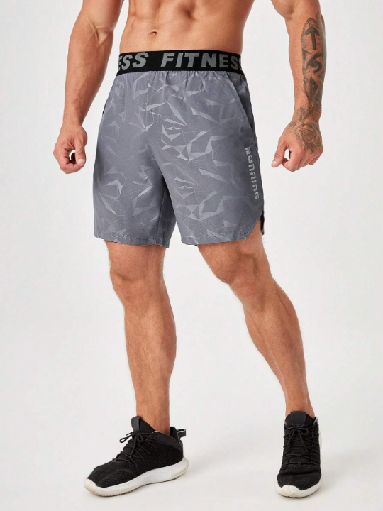 Fitness Men's Letter Printed Drawstring Workout Shorts With Slanted Pockets