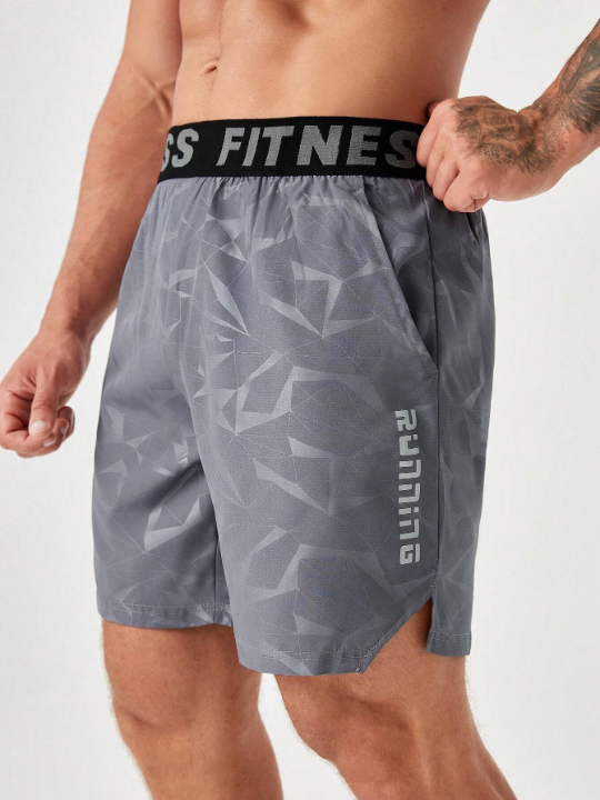 Fitness Men's Letter Printed Drawstring Workout Shorts With Slanted Pockets