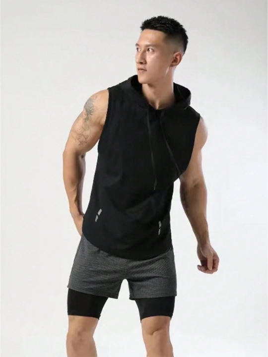 Sport PWRUP Men Reflective Panel Drawstring Hooded Sports Tank Top