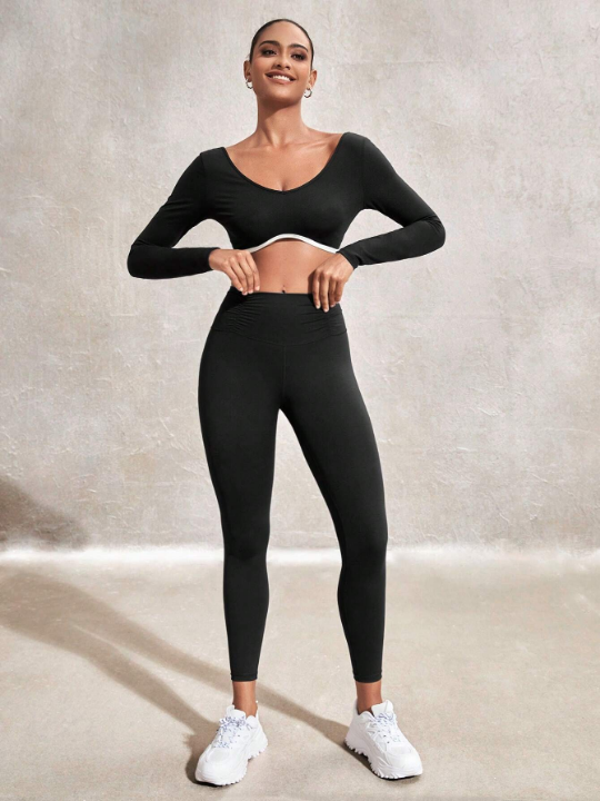 Leisure Solid Color Pleated Sports Leggings