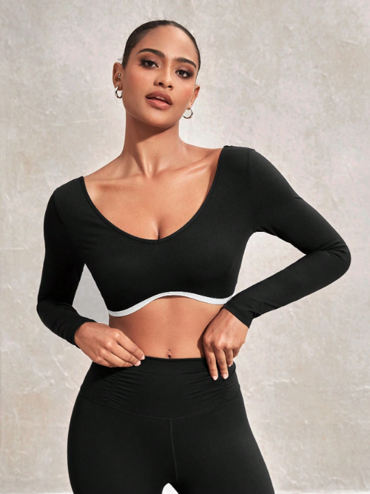 Leisure Color Block Halter Neck Round Collar Cropped Sports T-Shirt