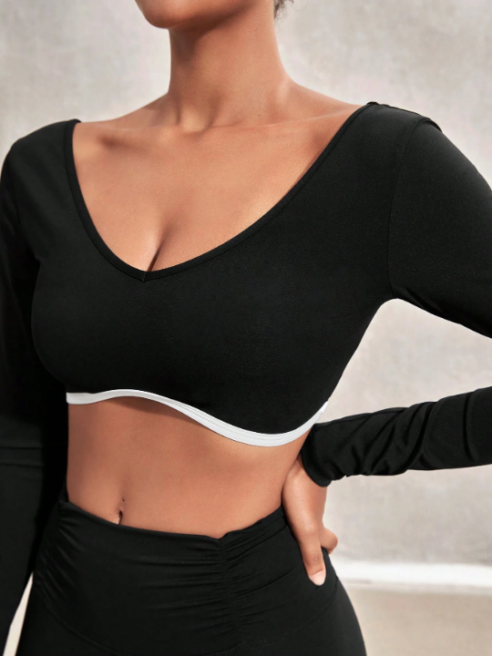 Leisure Color Block Halter Neck Round Collar Cropped Sports T-Shirt