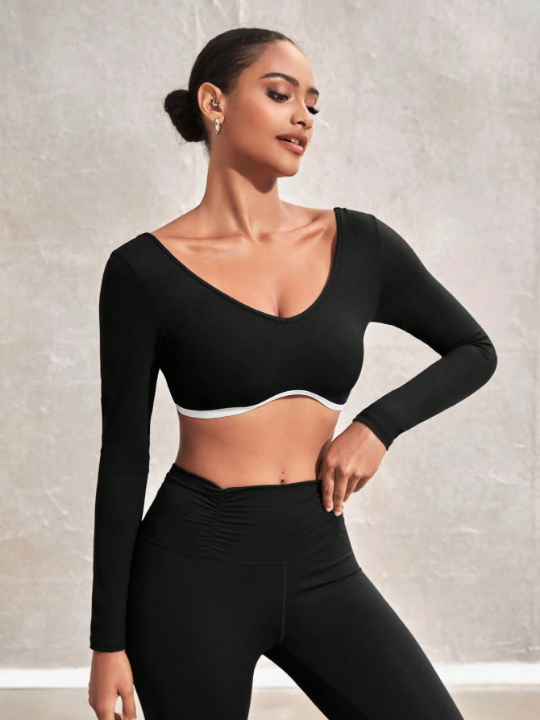 Leisure Color Block Halter Neck Round Collar Cropped Sports T-Shirt