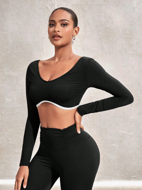 Leisure Color Block Halter Neck Round Collar Cropped Sports T-Shirt