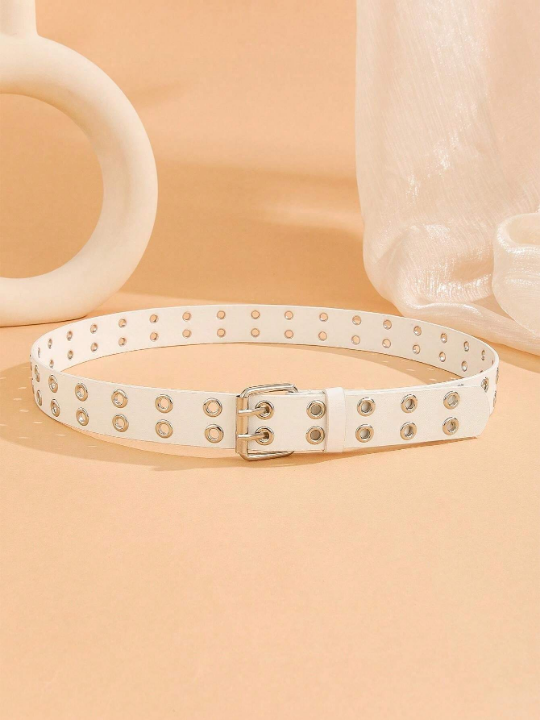 1pc Trendy Unisex White Double Row-Perforated Belt With Buckle, Suitable For Carnival, Valentine's Day, St. Patrick's Day, And Various Festivals Or Party, As A Gift Or For Daily Use