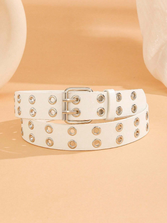 1pc Trendy Unisex White Double Row-Perforated Belt With Buckle, Suitable For Carnival, Valentine's Day, St. Patrick's Day, And Various Festivals Or Party, As A Gift Or For Daily Use