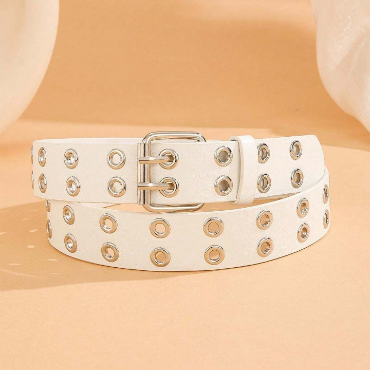 1pc Trendy Unisex White Double Row-Perforated Belt With Buckle, Suitable For Carnival, Valentine's Day, St. Patrick's Day, And Various Festivals Or Party, As A Gift Or For Daily Use