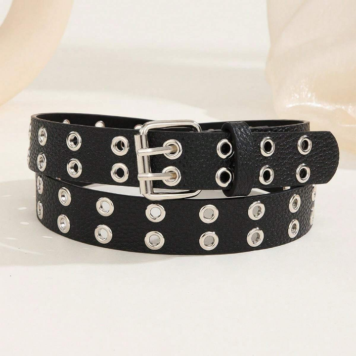 1pc Trendy Unisex Double Row Eyelet White Belt Perfect For Mardi Gras, Valentine's Day, St. Patrick's Day; Suitable For Various Festivals, Daily Gatherings And Parties As Gifts