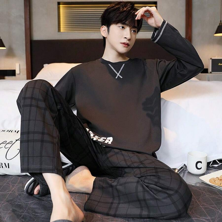 2pcs/Set Men's Spring & Autumn Long Sleeve Plaid Top And Breathable Sweat-Absorbent Pants Home Clothes