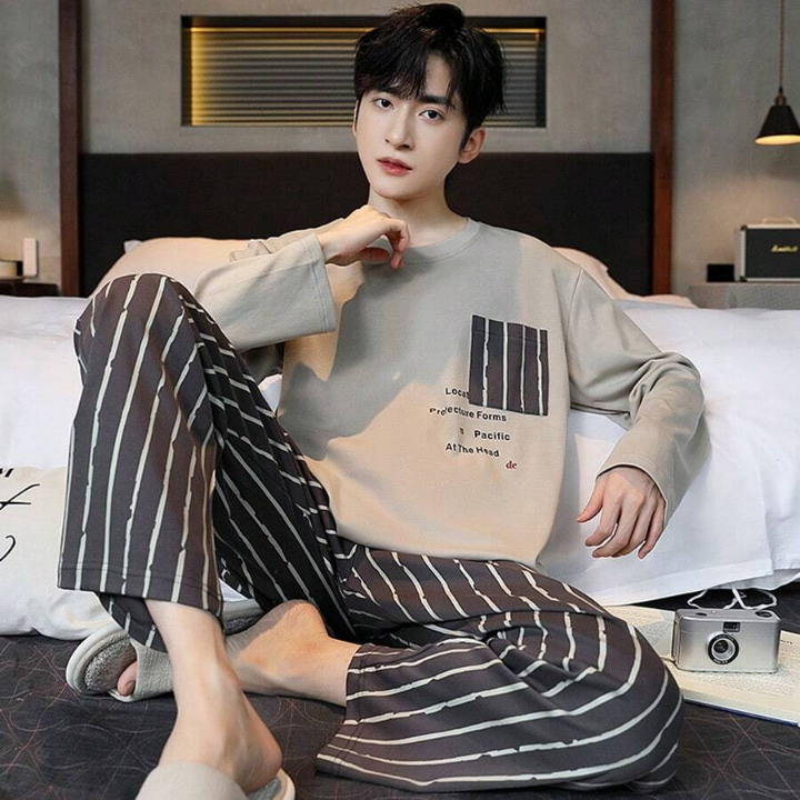 Men's Spring And Autumn Breathable And Sweat Absorbent Homewear Suit With Slogan Print Long Sleeve Top And Stripe Long Pants