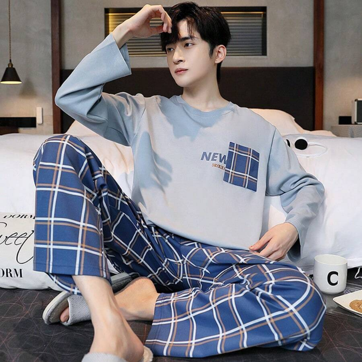 2pcs/Set Men's Breathable & Moisture Wicking Homewear With Letter & Plaid Print Long Sleeve Top And Pants, Spring & Autumn