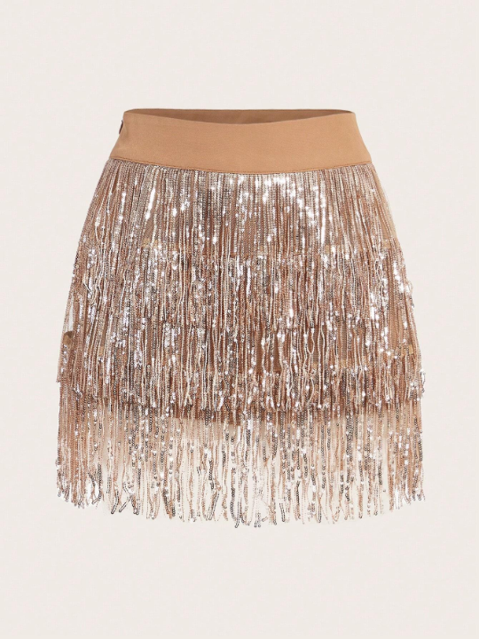 ICON Sparkling Sequin Tassel Elastic Waist Short Skirt