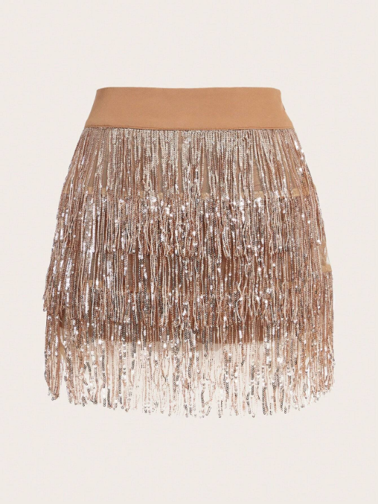 ICON Sparkling Sequin Tassel Elastic Waist Short Skirt