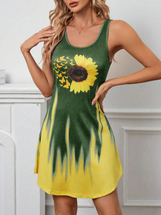 LUNE Sunflower & Butterfly Printed Sleeveless A-Line Dress