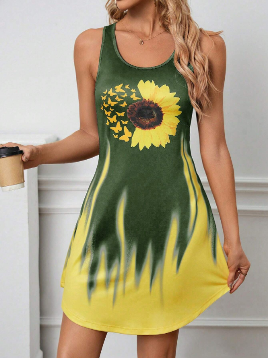 LUNE Sunflower & Butterfly Printed Sleeveless A-Line Dress