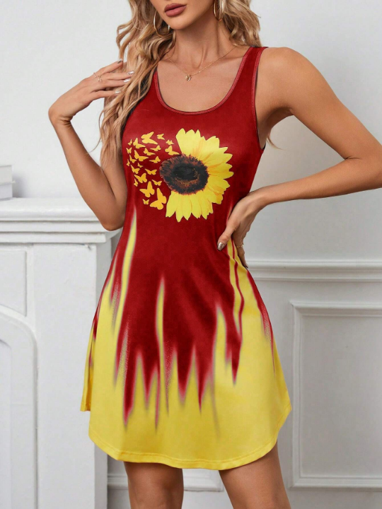 LUNE Sunflower And Butterfly Printed Sleeveless Dress