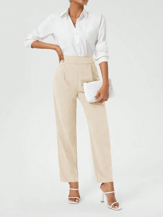 Women's Solid Color High Waist Trousers With Diagonal Pockets