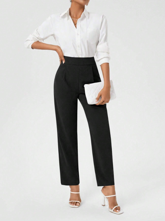 Women's Solid Color High Waist Pants With Slanted Pockets