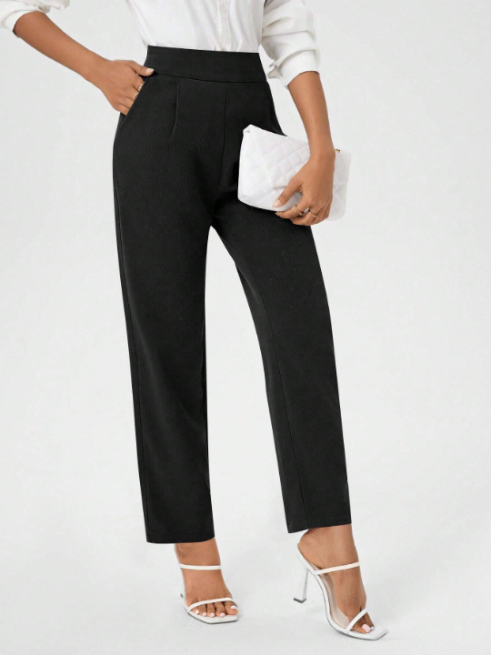 Women's Solid Color High Waist Pants With Slanted Pockets