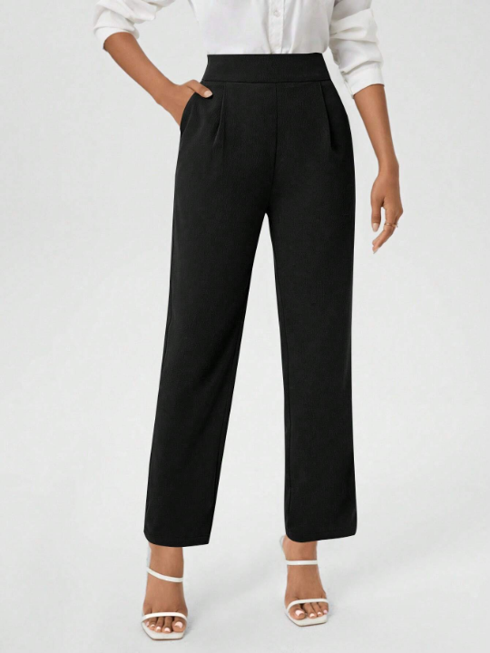 Women's Solid Color High Waist Pants With Slanted Pockets