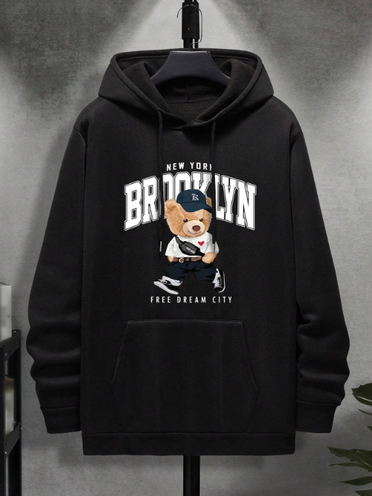 Men's Bear & Letter Pattern Drawstring Hooded Long Sleeve Sweatshirt