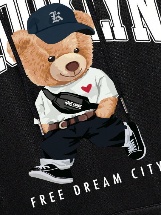 Men's Bear & Letter Pattern Drawstring Hooded Long Sleeve Sweatshirt