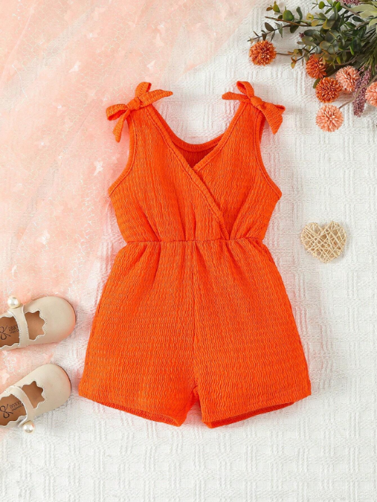 Baby Girl Textured Shoulder Knot Romper Shorts