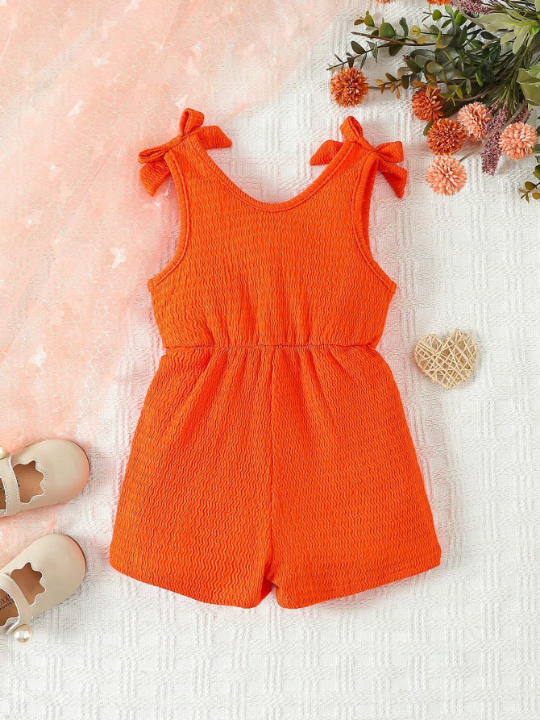 Baby Girl Textured Shoulder Knot Romper Shorts