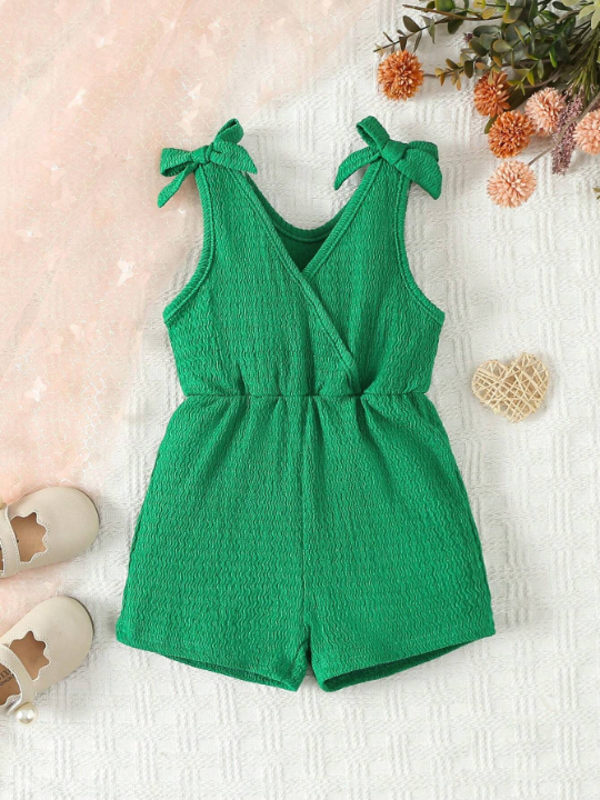 Baby Girl Textured Shoulder Knotted Romper Shorts