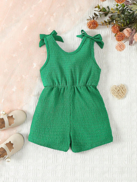 Baby Girl Textured Shoulder Knotted Romper Shorts