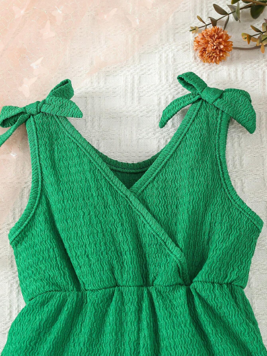 Baby Girl Textured Shoulder Knotted Romper Shorts