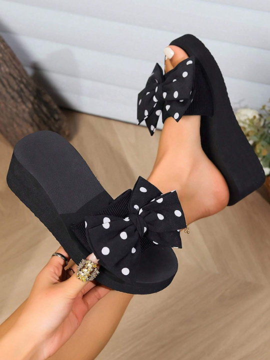 Women's Polka Dot Bowtie Design Thick Heel Slipper For Indoor & Outdoor Use, Black Wedge Home Slipper