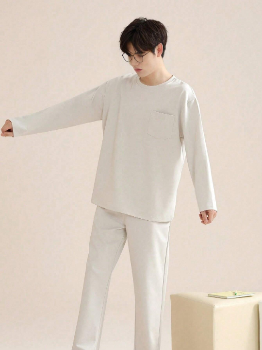 Men's Valentine's Day New Year Gift Casual Solid Color Loose Fit Round Neck Long Sleeve Top And Long Pants Homewear Pajama Set