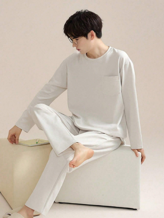 Men's Valentine's Day New Year Gift Casual Solid Color Loose Fit Round Neck Long Sleeve Top And Long Pants Homewear Pajama Set