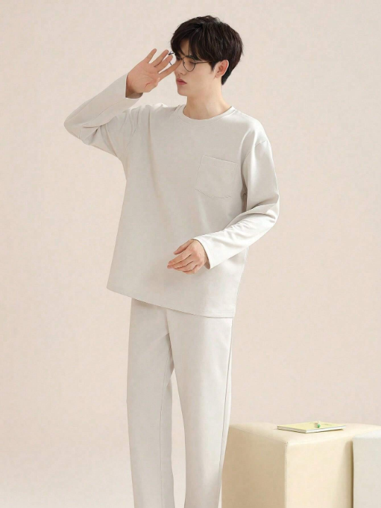 Men's Valentine's Day New Year Gift Casual Solid Color Loose Fit Round Neck Long Sleeve Top And Long Pants Homewear Pajama Set