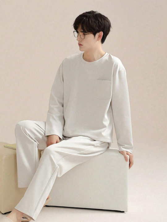 Men's Valentine's Day New Year Gift Casual Solid Color Loose Fit Round Neck Long Sleeve Top And Long Pants Homewear Pajama Set