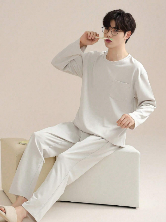 Men's Valentine's Day New Year Gift Casual Solid Color Loose Fit Round Neck Long Sleeve Top And Long Pants Homewear Pajama Set