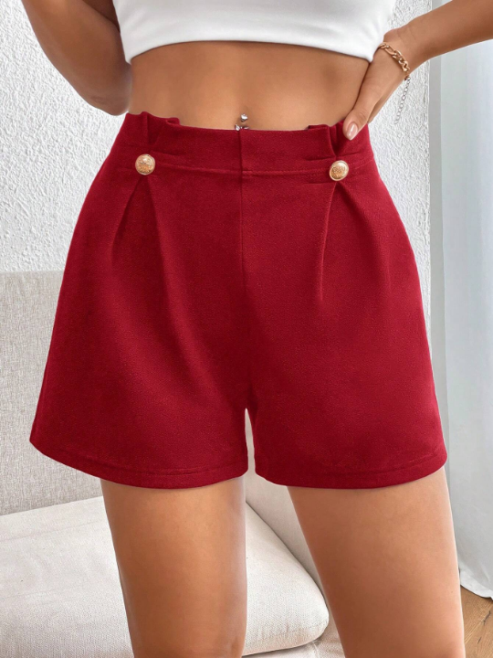 Priv Women's Solid Color Button Decorated Shorts