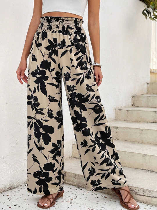 VCAY Floral Printed Elastic Waist Wide Leg Pants