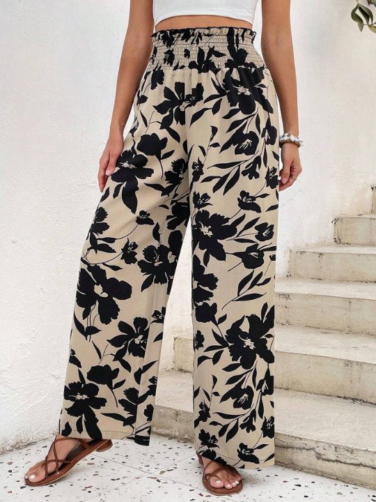 VCAY Floral Printed Elastic Waist Wide Leg Pants